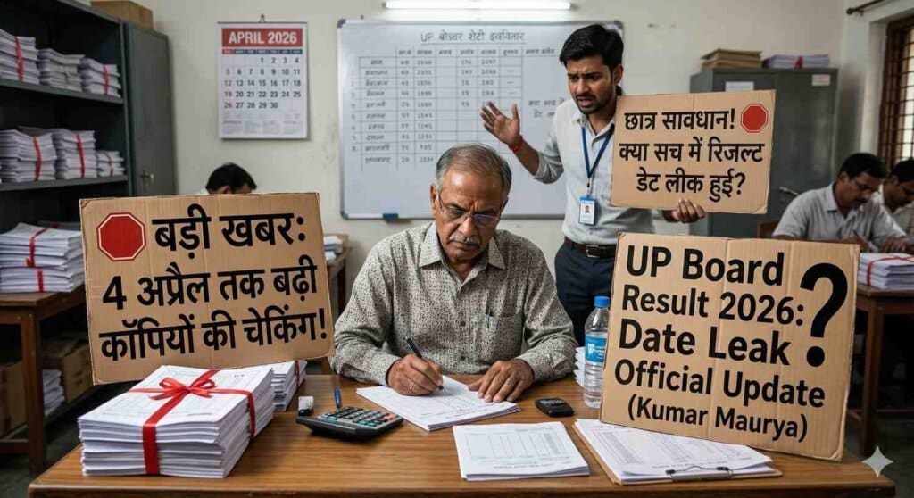 UP Board Result 2026 update by Kumar Maurya showing copy checking extended till 4 April and results date leak suspense