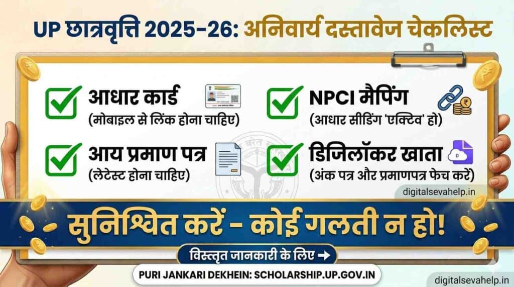यूपी स्कॉलरशिप 2025-26 अनिवार्य दस्तावेज चेकलिस्ट: आधार (मोबाइल लिंक), आय प्रमाण पत्र (लेटेस्ट), NPCI मैपिंग (एक्टिव), डिजिलॉकर खाता (फेच मार्कशीट).