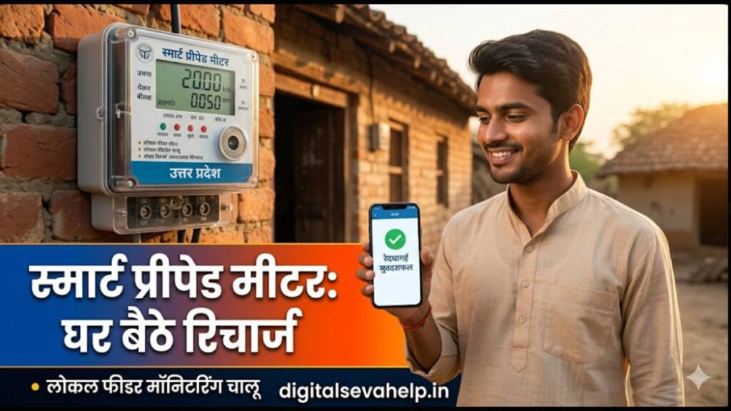 यूपी स्मार्ट प्रीपेड मीटर: मोबाइल ऐप के माध्यम से घर बैठे सफल ऑनलाइन रिचार्ज और बैलेंस चेक का लाइव डेमो। 'उत्तर प्रदेश' और 'रेचार्ज़ सफल' टेक्स्ट दिखाई दे रहा है। digitalsevahelp.in की गाइड।